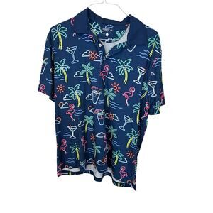 Chubbies Mens Performance Golf Polo Neon Flamingo Drinks Martini Blue Sz L